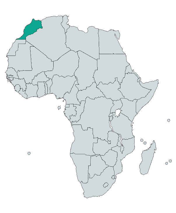 The country of Morocco is highlighted in teal on a world map of Africa