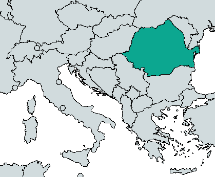 The country of Romania is highlighted in teal on a world map of Europe