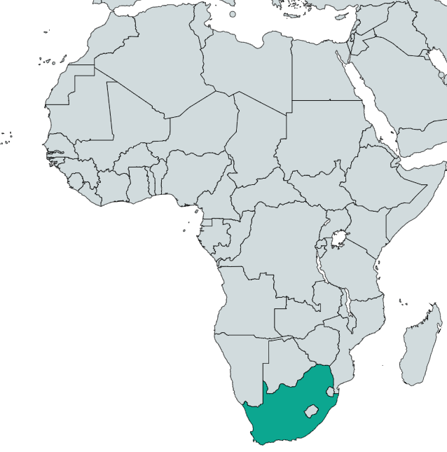 The country of South Africa is highlighted in teal on a world map of Africa