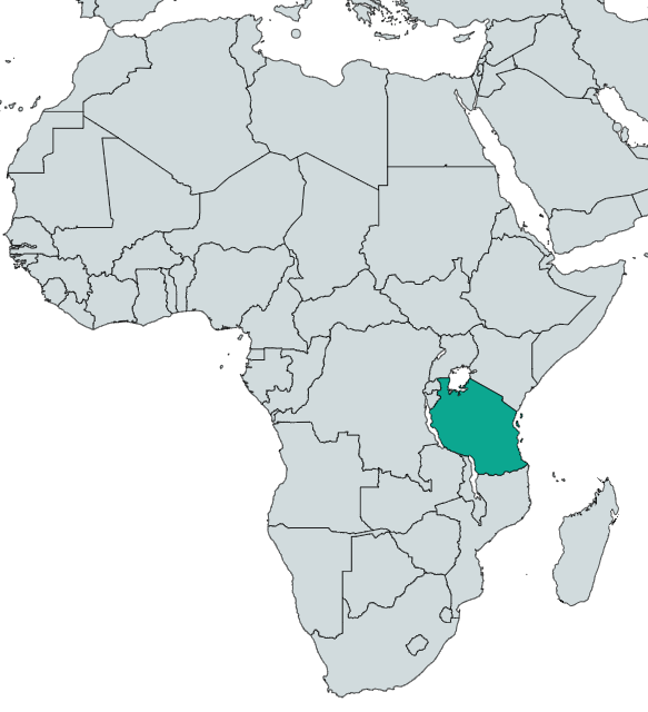 The country of Tanzania is highlighted in teal on a world map of Africa