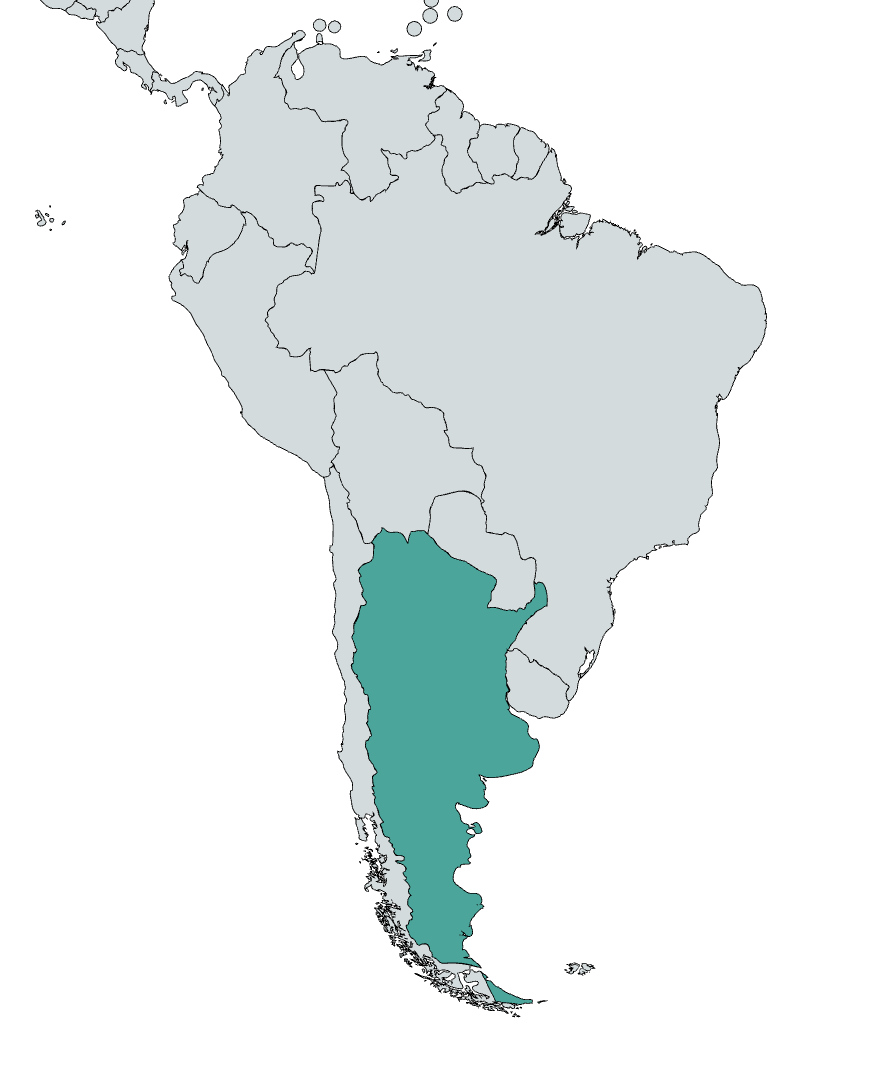 The country of Argentina highlighted in teal on a world map of the Americas.