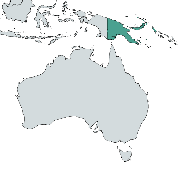 The country of Papua New Guinea is highlighted in teal on a world map of Oceania.