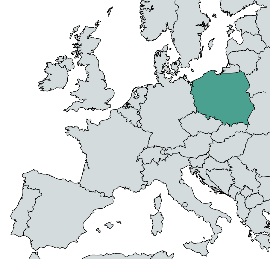 The country of Poland is highlighted in teal on a world map of Europe.