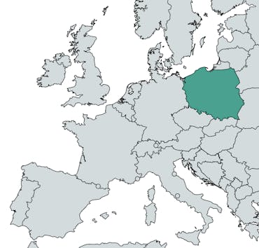 The country of Poland is highlighted in teal on a world map of Europe.