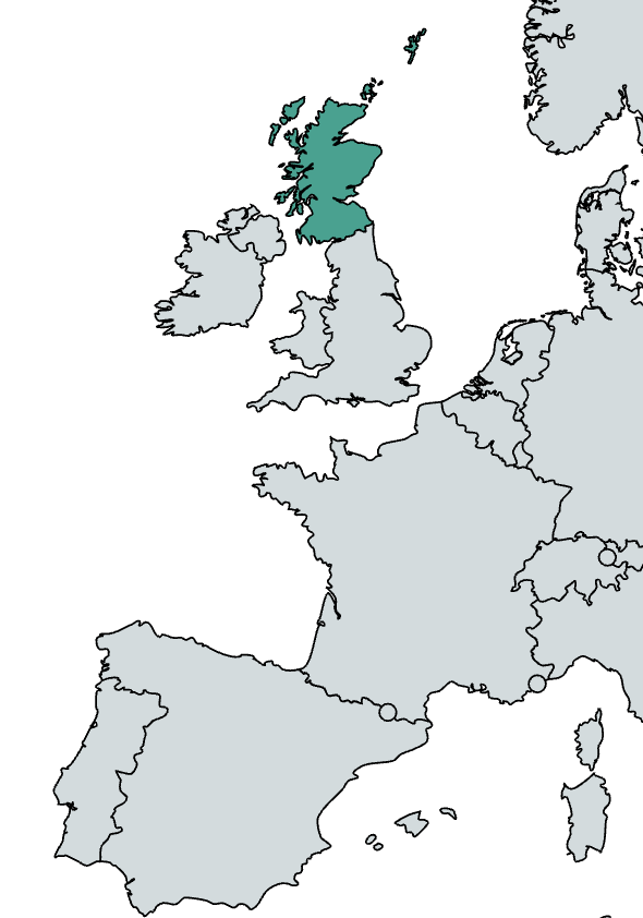 Scotland, part of the United Kingdom, is highlighted in teal on a world map of Europe.