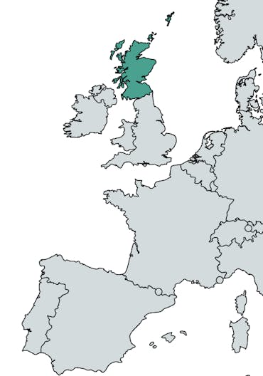 Scotland, part of the United Kingdom, is highlighted in teal on a world map of Europe.