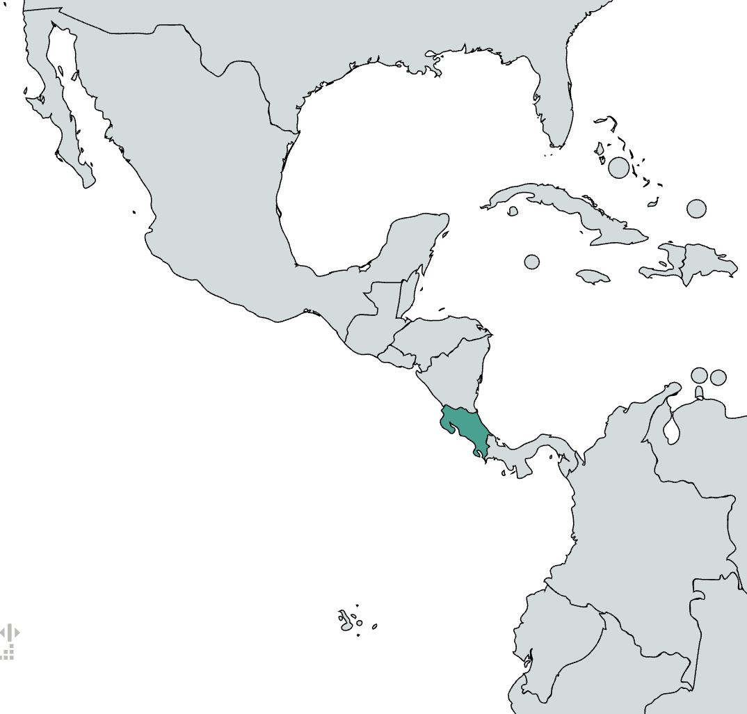 The country of Costa Rica is highlighted in teal on a world map of the Americas.