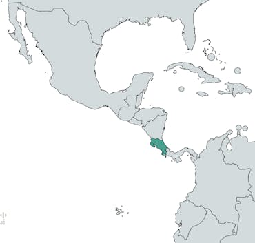The country of Costa Rica is highlighted in teal on a world map of the Americas.