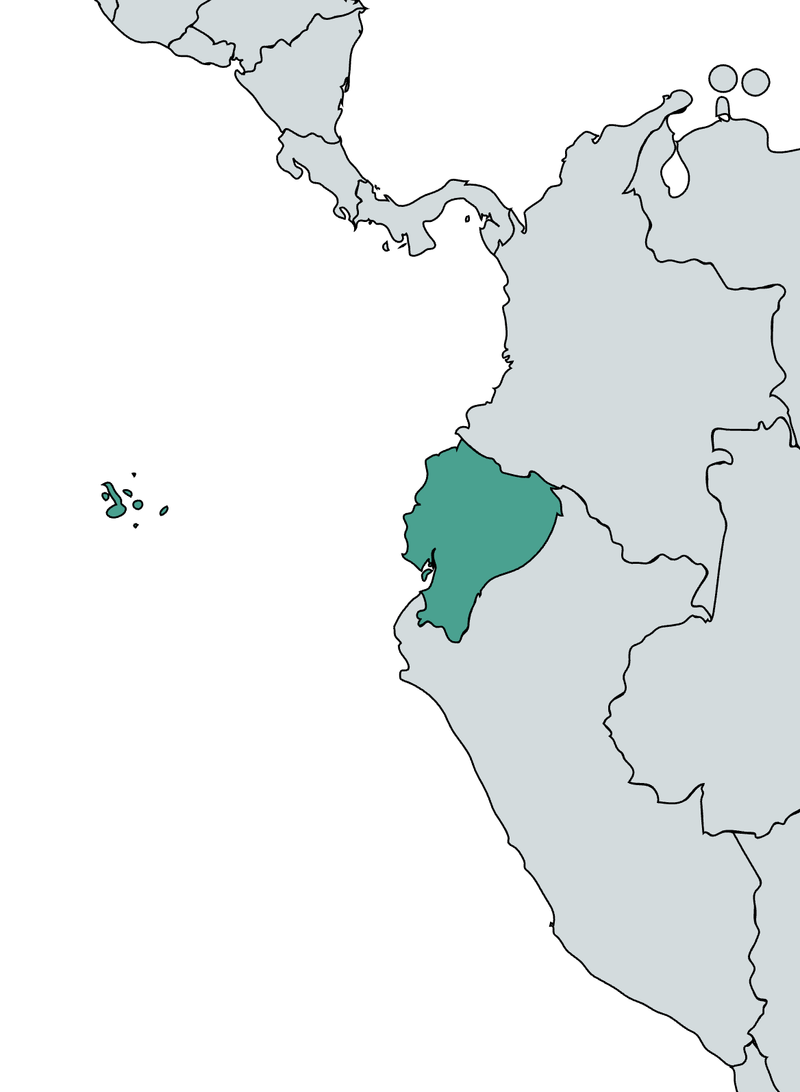 The Galapagos Islands, part of Ecuador, are highlighted in teal on a world map of the Americas.