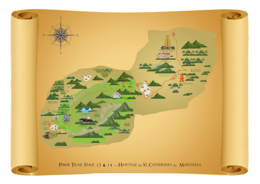 A route map on a yellow scroll showing the trekking path for Stages 13 and 14 of the Pekoe Trail in Sri Lanka with trees, peaks, and bodies of water indicated.