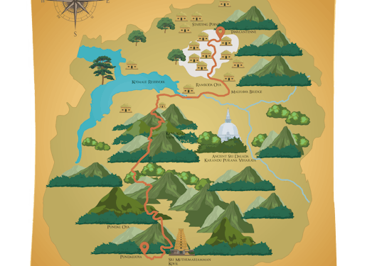 A route map on a yellow scroll showing the trekking path for Stage 4 of the Pekoe Trail in Sri Lanka with trees, peaks, and bodies of water indicated.