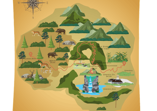 A route map on a yellow scroll showing the trekking path for Stage 11 of the Pekoe Trail in Sri Lanka with trees, peaks, and bodies of water indicated.
