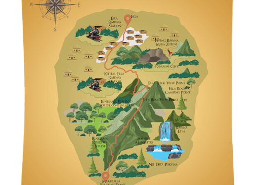 A route map on a yellow scroll showing the trekking path for Stage 15 of the Pekoe Trail in Sri Lanka with trees, peaks, and bodies of water indicated.