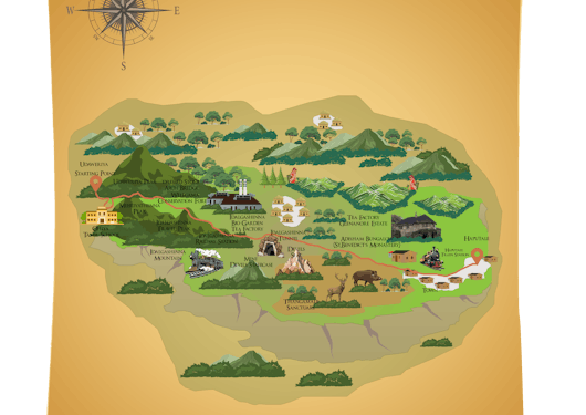 A route map on a yellow scroll showing the trekking path for Stage 12 of the Pekoe Trail in Sri Lanka with trees, peaks, and bodies of water indicated.