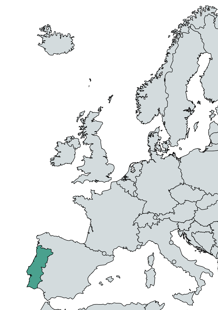 The country of Portugal is highlighted in teal on a world map of Europe.