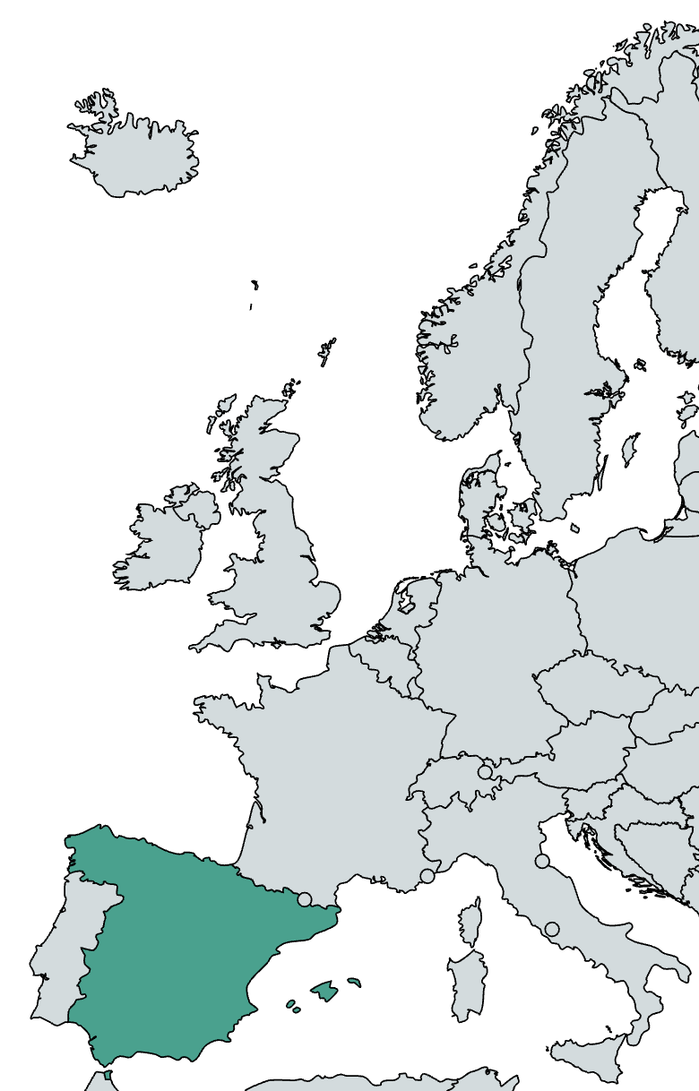 The country of Spain is highlighted in teal on a world map of Europe.