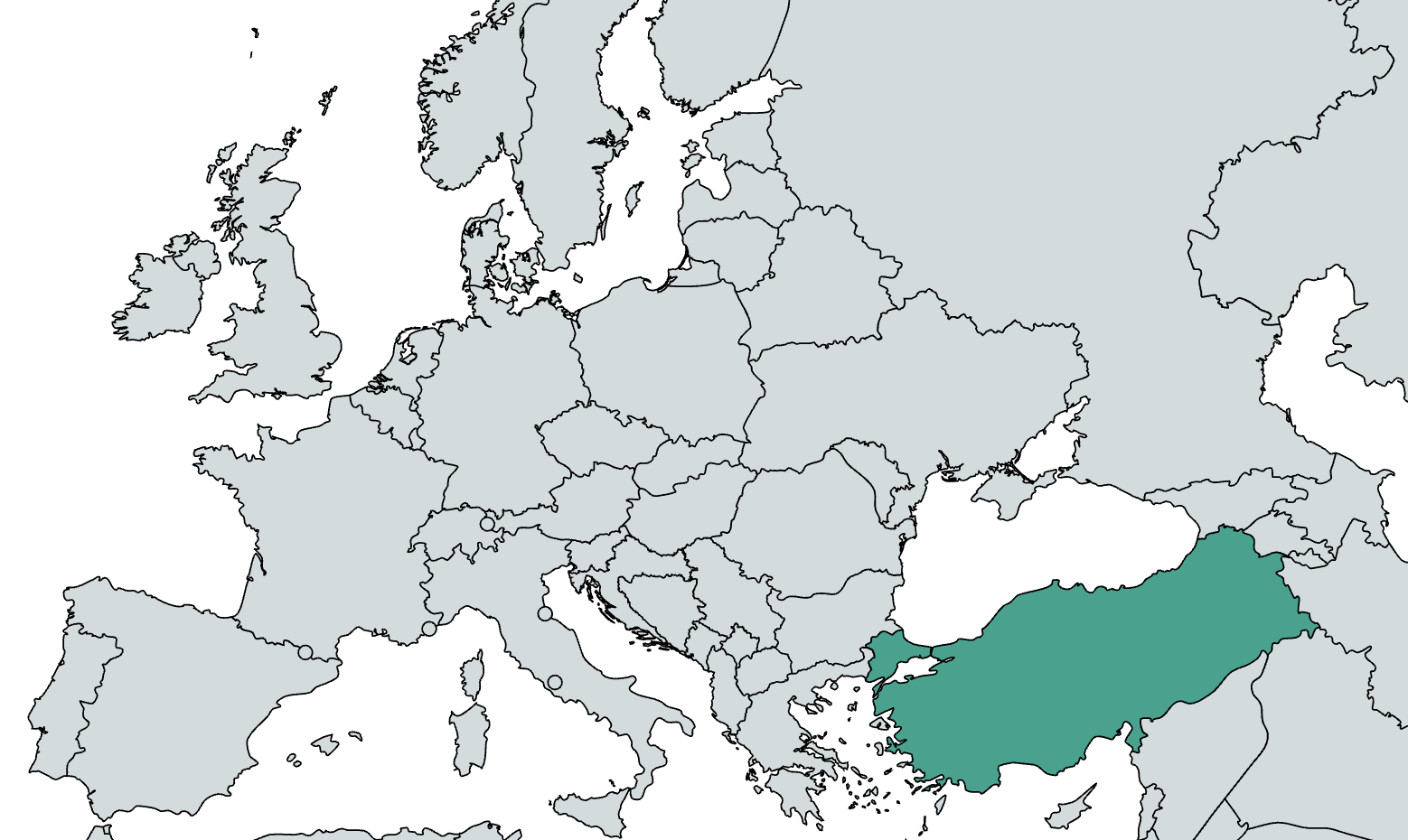 The country of Turkiye is highlighted in teal on a world map of Europe.