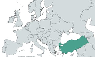 The country of Turkiye is highlighted in teal on a world map of Europe.