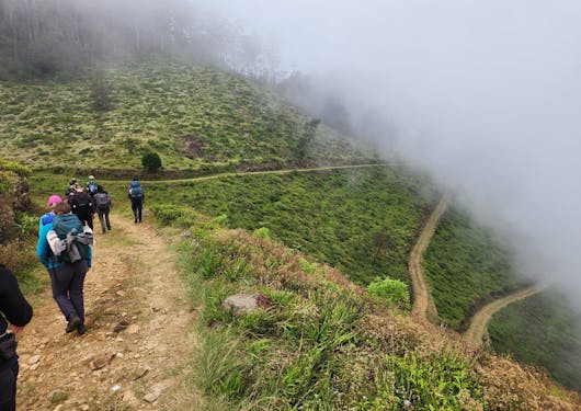 A group of trekkers walk down the Devil's Staircase along the Pekoe Trail in Sri Lanka. A brown path zig zags through green covered hills as mist rolls in from the right.