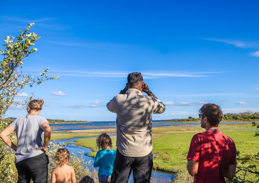 A family looks over sunny grassy plains and a river in Sri Lanka looking for wildlife with binoculars.