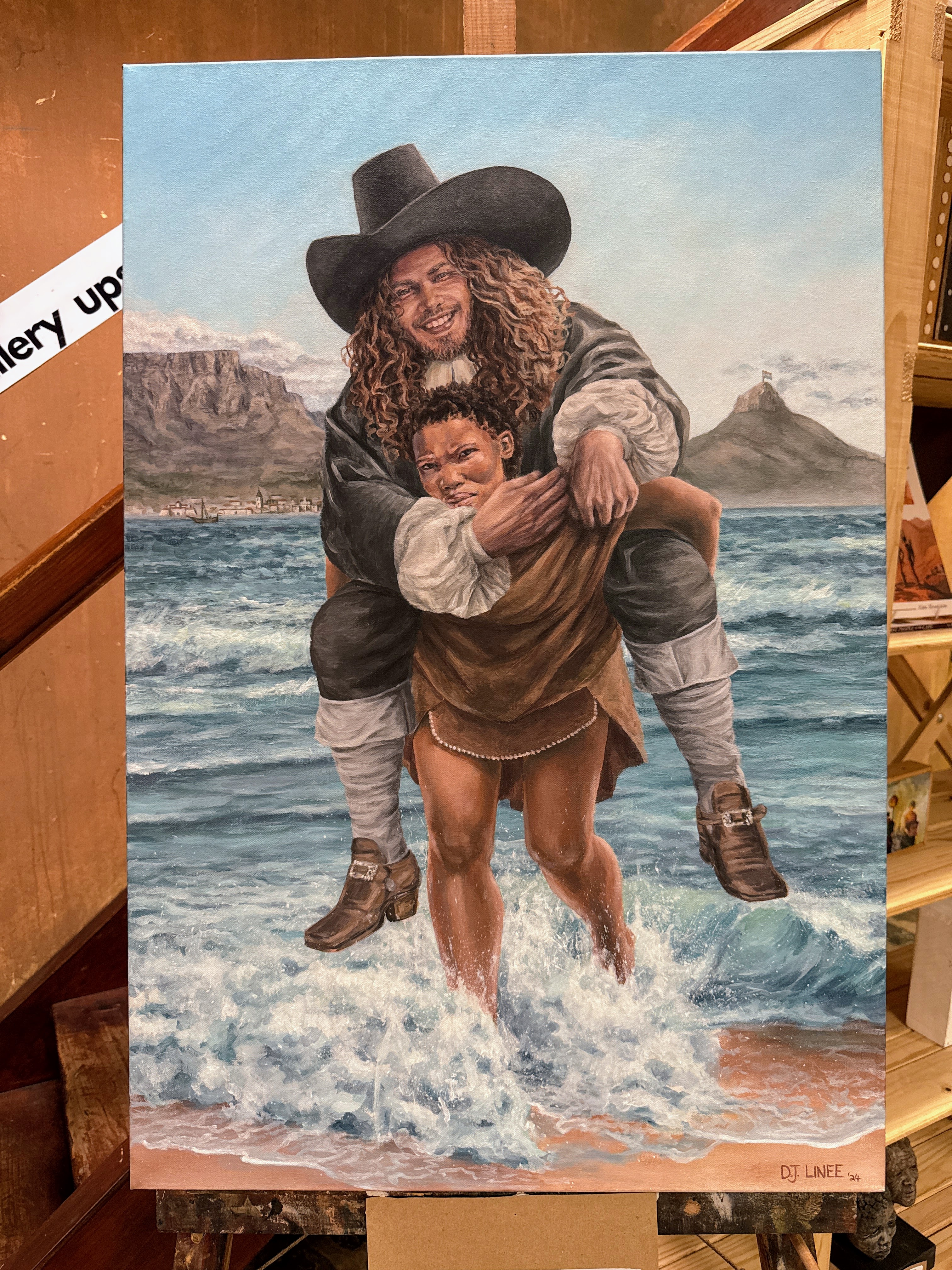 A painting at an indigenous art museum in South Africa depicts a white colonizer man being carried on the back of a Black indigenous person.