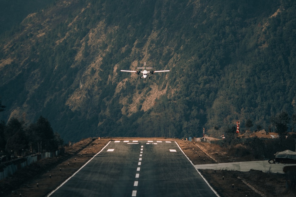 A small plane comes into land at Lukla Airport in Nepal.