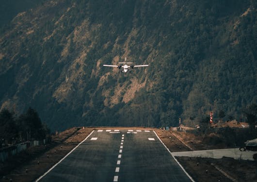 A small plane comes into land at Lukla Airport in Nepal.