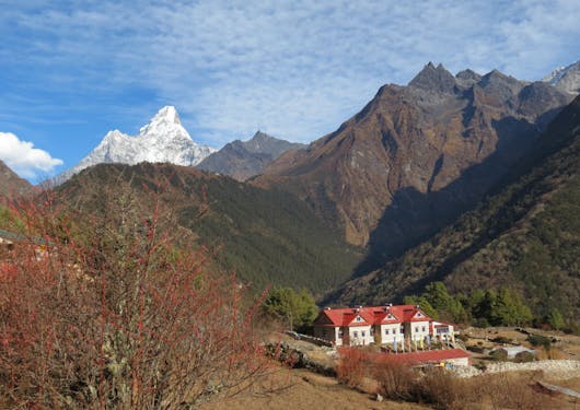 The town of Tashinga is nestled in the Himalayas along the Amadablam Base Camp trail.