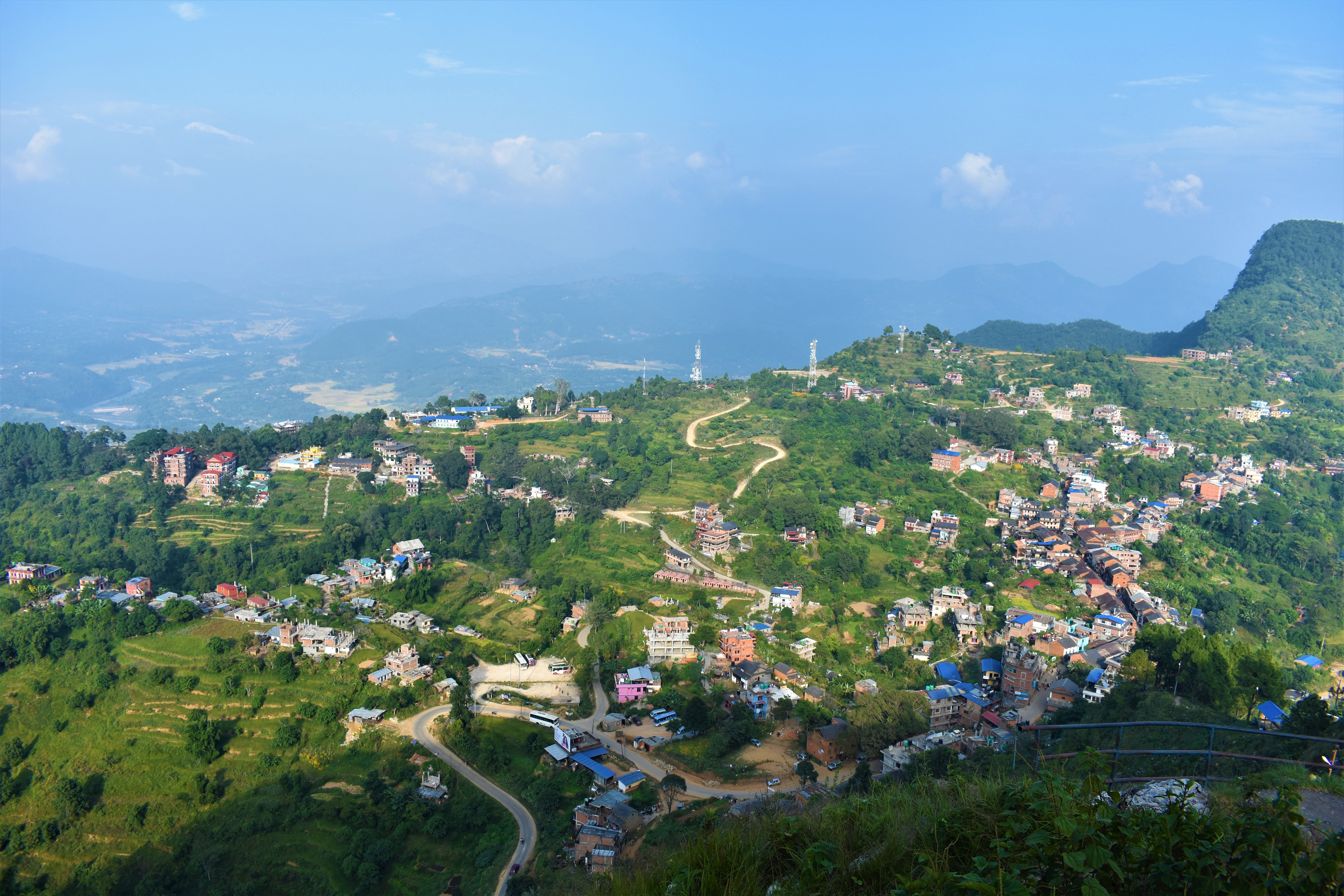 An overhead view of Bandipur, which travelers see as they walk down the hill.