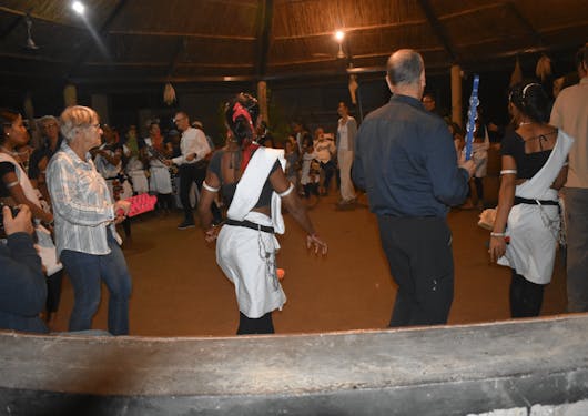 A group of travelers and locals perform a traditional evening Tharu dance in Chitwan, Nepal.