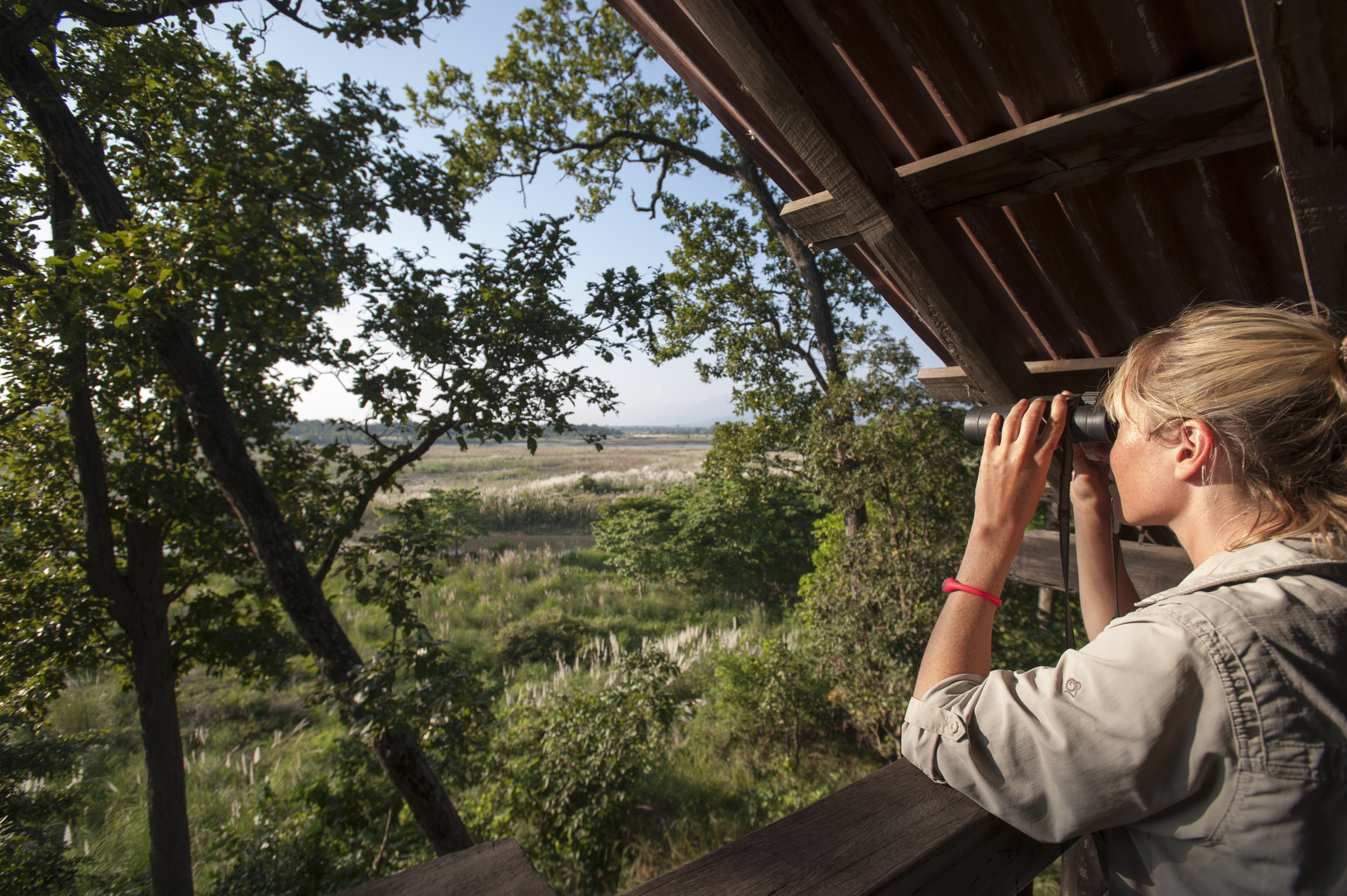 A blond tourist peers through binoculars at a forest looking for animals on the Nepal Wildlife Tour.