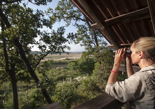 A blond tourist peers through binoculars at a forest looking for animals on the Nepal Wildlife Tour.