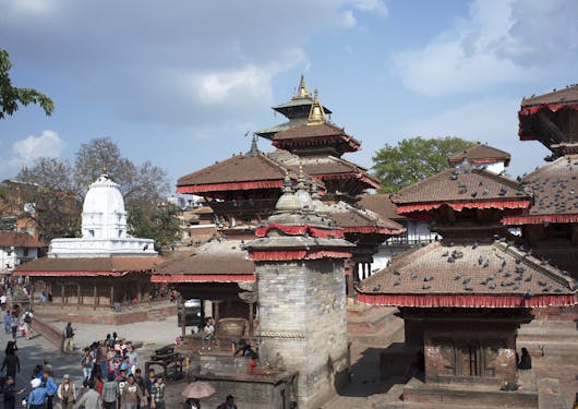 Durbar Square buildings are shown in Kathmandu, Nepal.