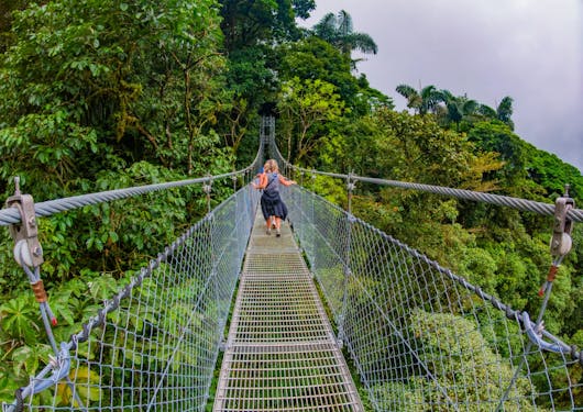 Travelers cross a hanging bridge in the Arenal tropical rainforest.
