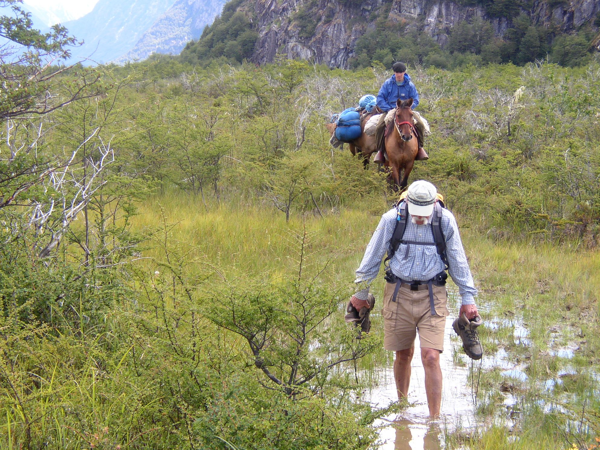 An adult male trekker steps through ankle-high water, carrying his shoes, with a horse carrying a load behind him.