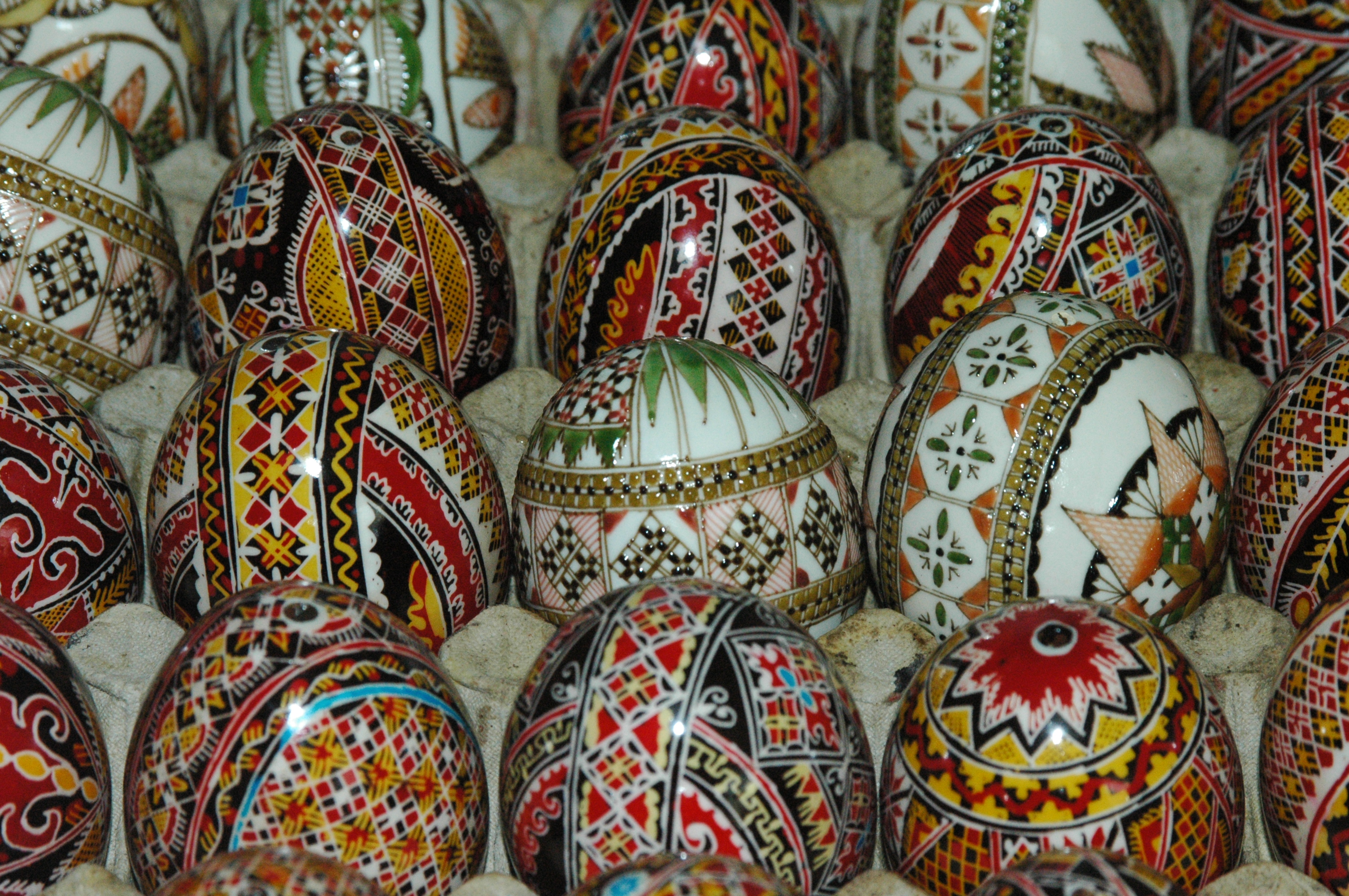 Traditional Romanian painted eggs in Bucovina are displayed with beautiful colors and patterns.