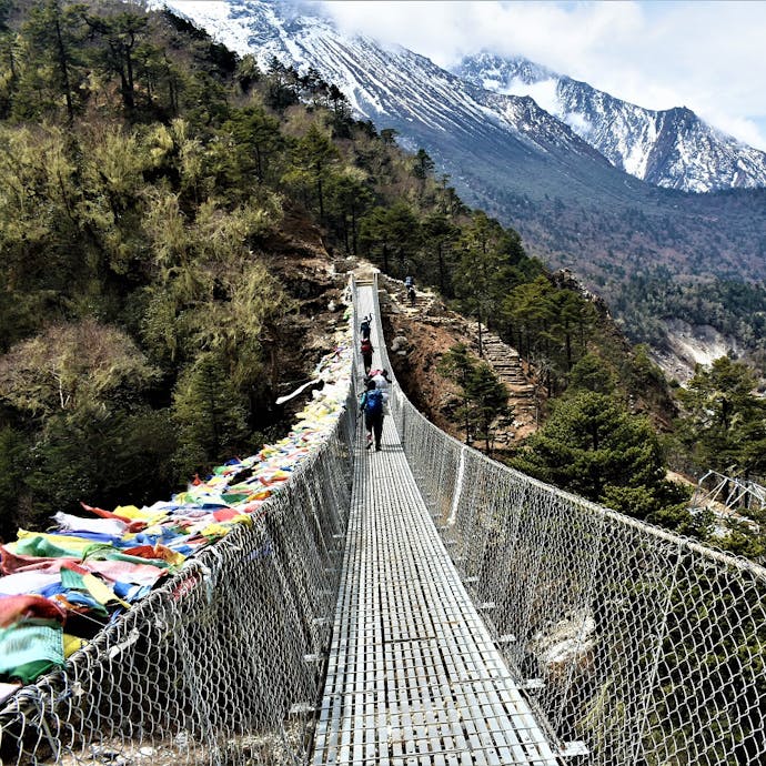 A chain link bridge with prayer flags along the lefthand side extends across a valley into a wooded area, with snow-capped mountains in the background.
