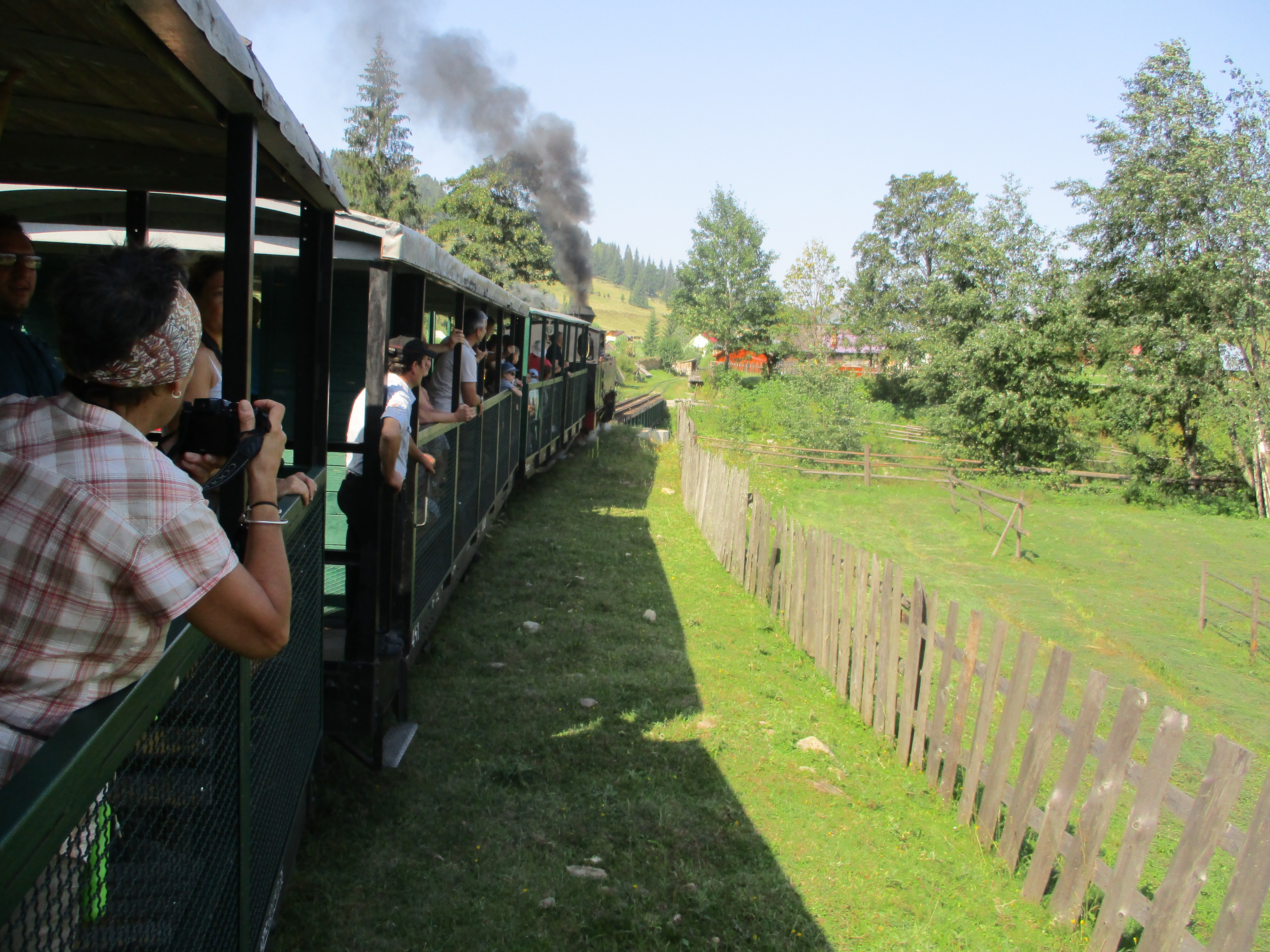 A traditional steam train painted dark green is on the left hand side, chugging forward with black smoke coming from the front as adults hang out the side windows looking at the scenery and taking pictures. To the right is a grassy field with a wooden fence and green trees.
