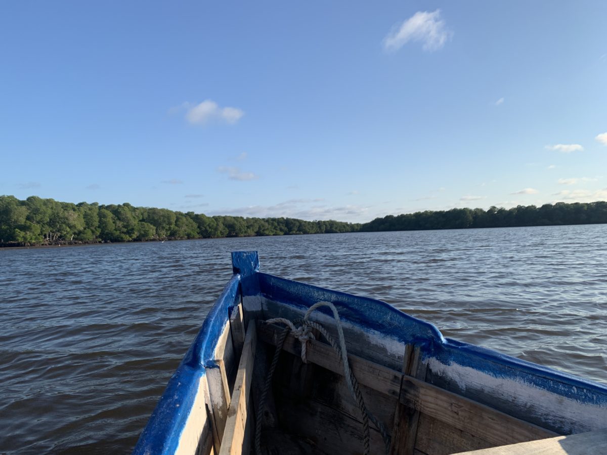 A small boat is out in Mida Creek, Kenya, with open water in front of it and greenery on a land mass in the distance.