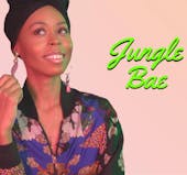 A headshot of a young Black woman with her hair in a wrap and wearing a patterned blounse and dangly earings, smiling at the camera in front of a pink background. The text "Jungle Bae" is in neon green to the right.