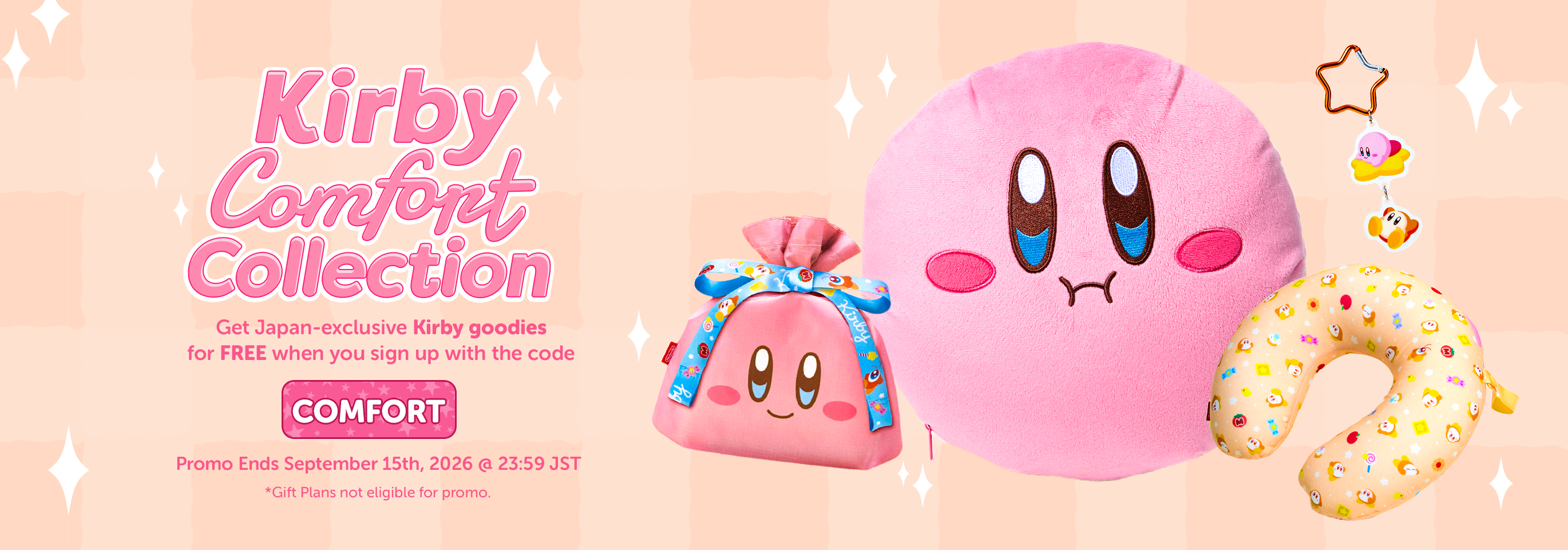 Sign up to YumeTwins with code COMFORT for FREE Japan-exclusive Kirby goodies!