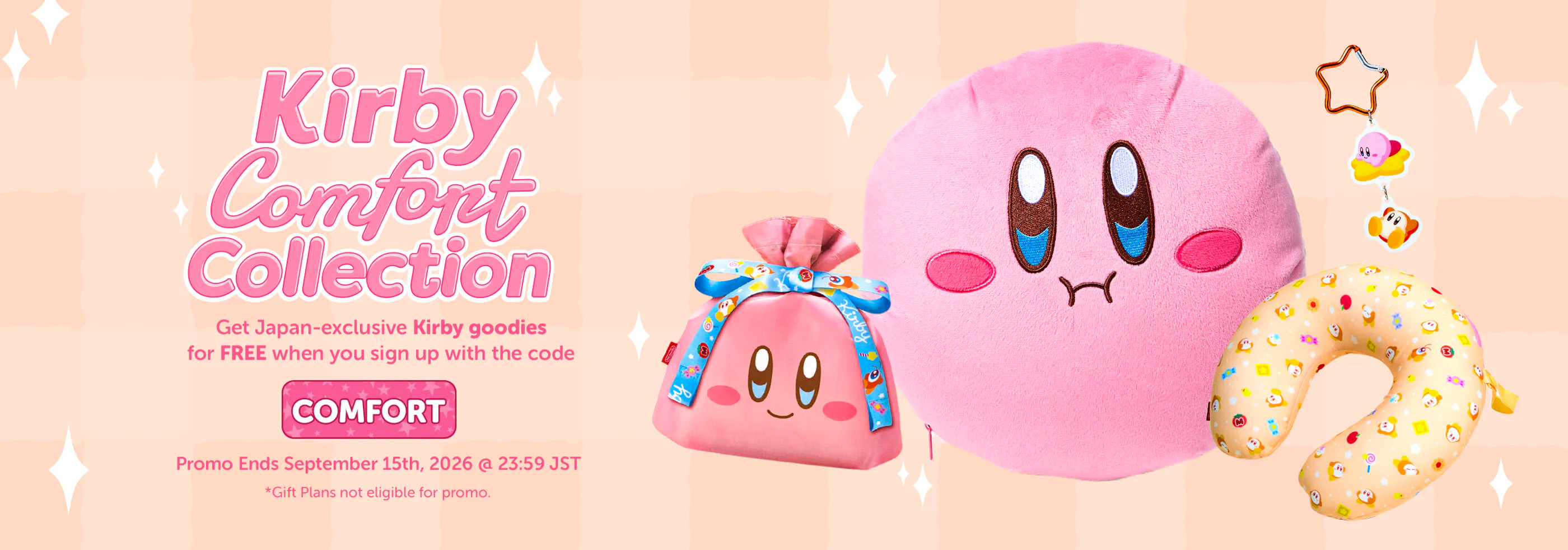 Sign up to YumeTwins with code COMFORT for FREE Japan-exclusive Kirby goodies!