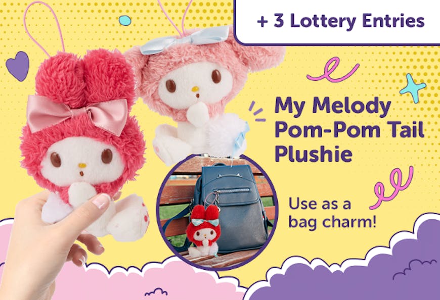 A hand holding a red my melody plush toy next to a pink version for yumetwins black friday promo