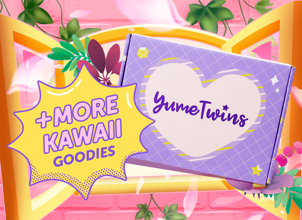 A purple YumeTwins box with a yellow bubble with the words + More Kawaii Goodies