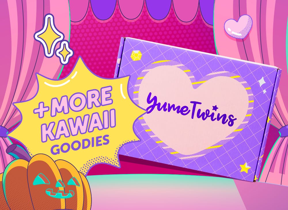 A purple YumeTwins box with a yellow word bubble with the pink text + More Kawaii Goodies