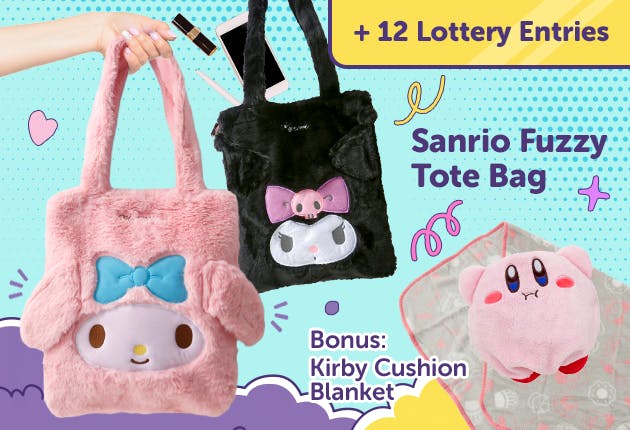 A hand holds a fuzzy sanrio tote bag in my melody pink in front of a kuromi black one next to a kirby cushion blanket for yumetwins black friday promo