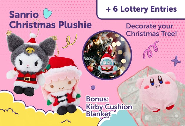 Sanrio Christmas plushies of kuromi lala and pochacco next to a kirby cushion set for a black friday promo