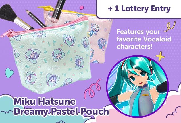 A Miku Hatsune dreamy pastel pouch that holds makeup and cosmetic items for yumetwins black friday promo