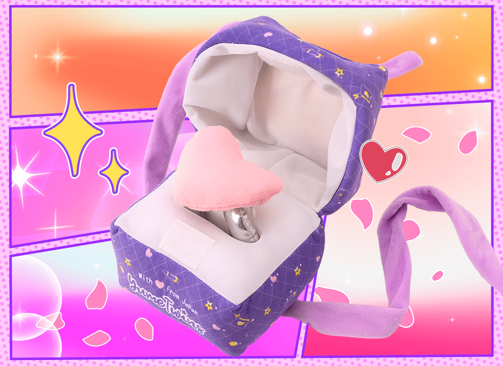 A front shot of the YumeTwins' original plushie ring box that doubles as a phone stand.
