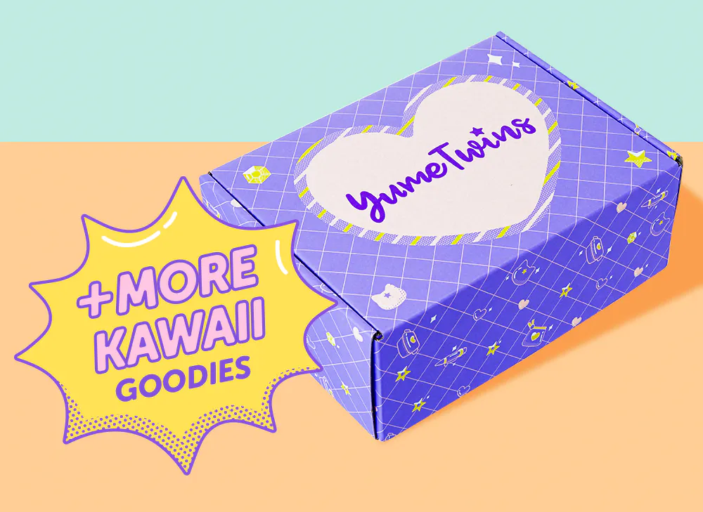 A purple YumeTwins box with a yellow word bubble with pink text and more kawaii goodies